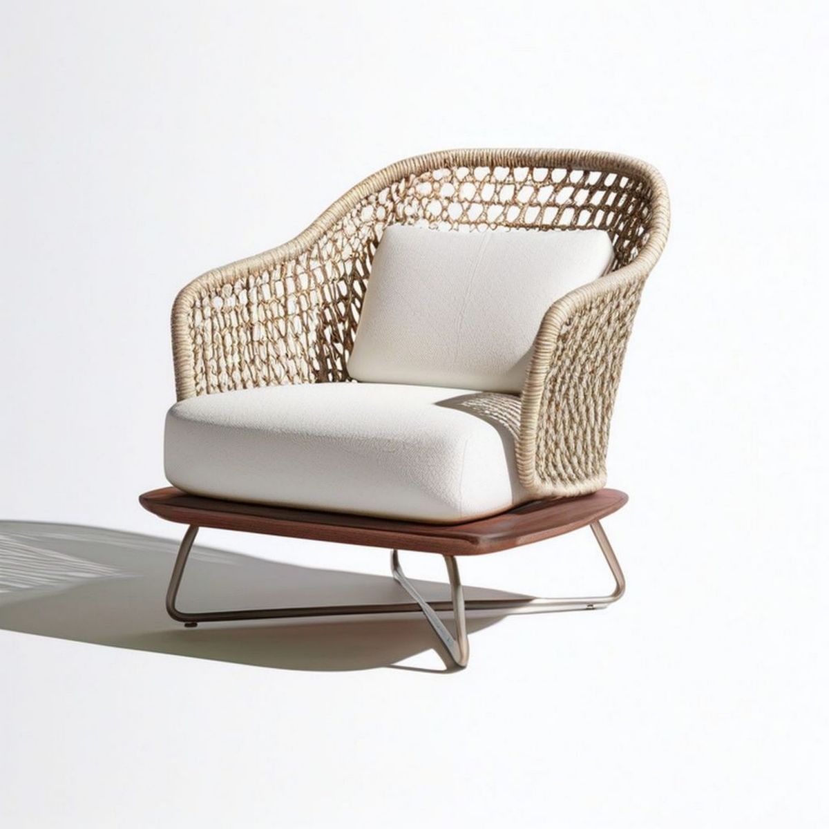 Loungesessel mit Kissen, PE-Geflecht und Akazienholz, 82 x 78 x 74 cm, Beige/Natur/Braun/Grau